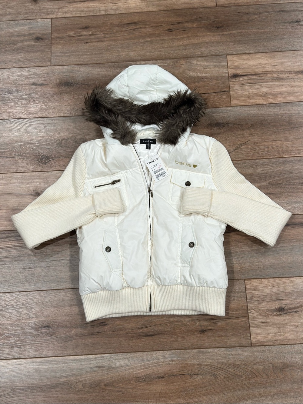 BEBE NWT Vintage 2000s Y2k Cream Faux Fur Hood Puffer Jacket | Size Large